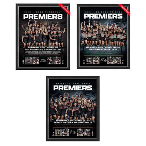 Penrith Panthers 2023, 2022, 2021 NRL Premiers Official Sportsprint Package Framed - 5668