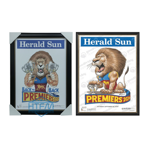 Brisbane Lions 2025 & 2024 Premiers Herald Sun Mark Knights Print Framed - 7279