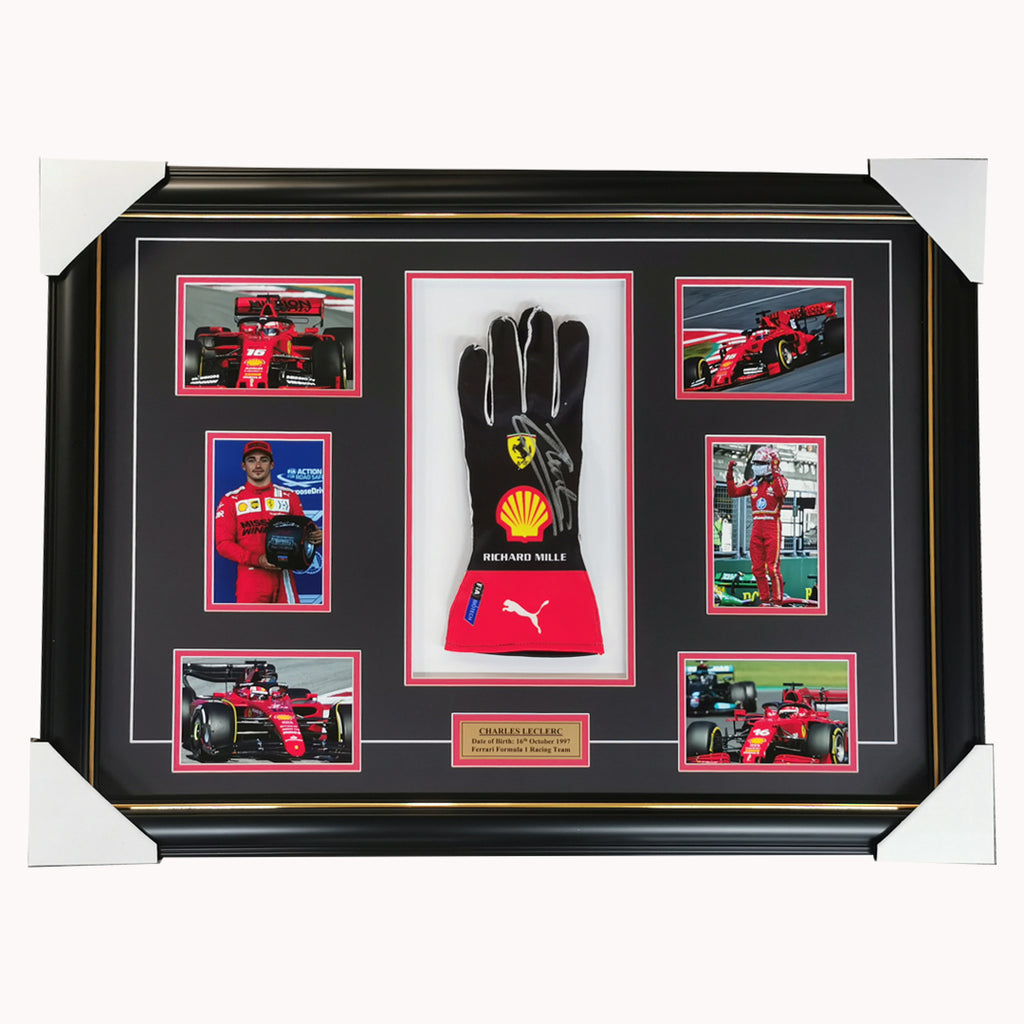 Charles LeClerc Hand Signed Ferrari Glove Photo Collage Framed + COA - 7128