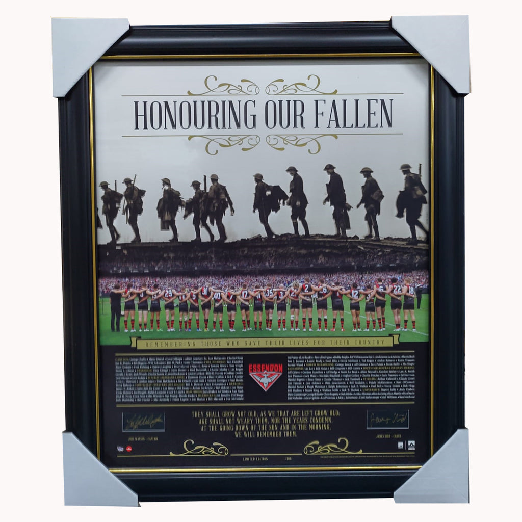 Essendon Honouring Our Fallen Anzac Signed Afl Print Framed Jobe Watson & Hird - 1072