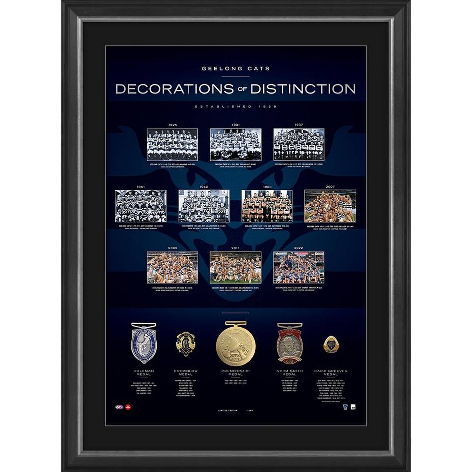 Geelong Football Club Decorations of Distinction With 5 Medals Framed 2022 AFL Premiers - 5475