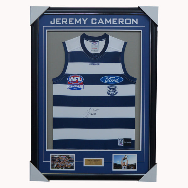 Jeremy Cameron Signed Geelong 2022 Official AFL Premiers Jumper Framed HT Framing & Memorabilia