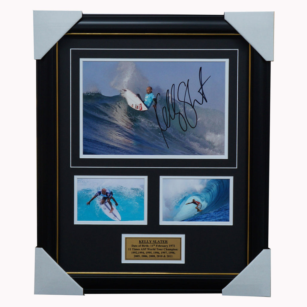 Kelly Slater Signed Surfing World Champion Photo Collage Framed with Plaque - 1847