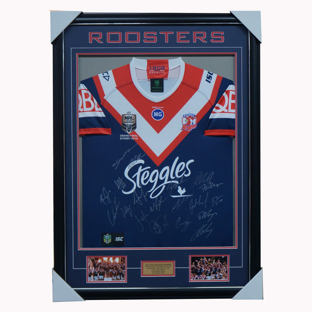 Sydney Roosters Signed 2018 NRL Premiers Team Jersey Framed Tedesco Cordner - 5002