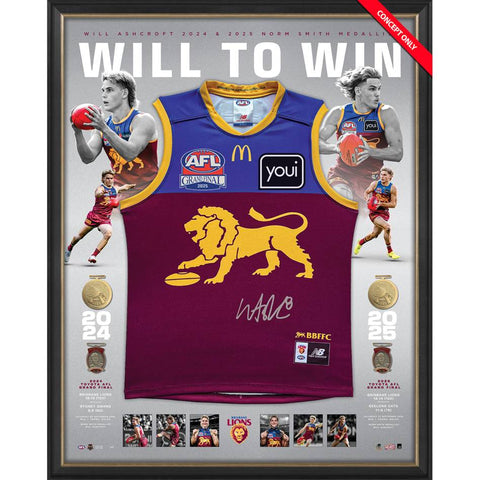 Will Ashcroft 2025 Official AFL Premiers Signed Guernsey Framed Dual Norm Smith - 7281