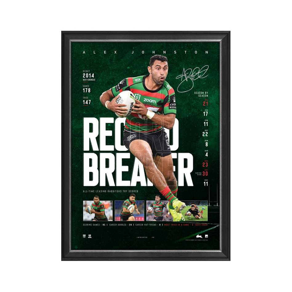 Alex Johnston Signed South Sydney Rabbitohs Official NRL Record Breaker Lithograph Framed - 5200