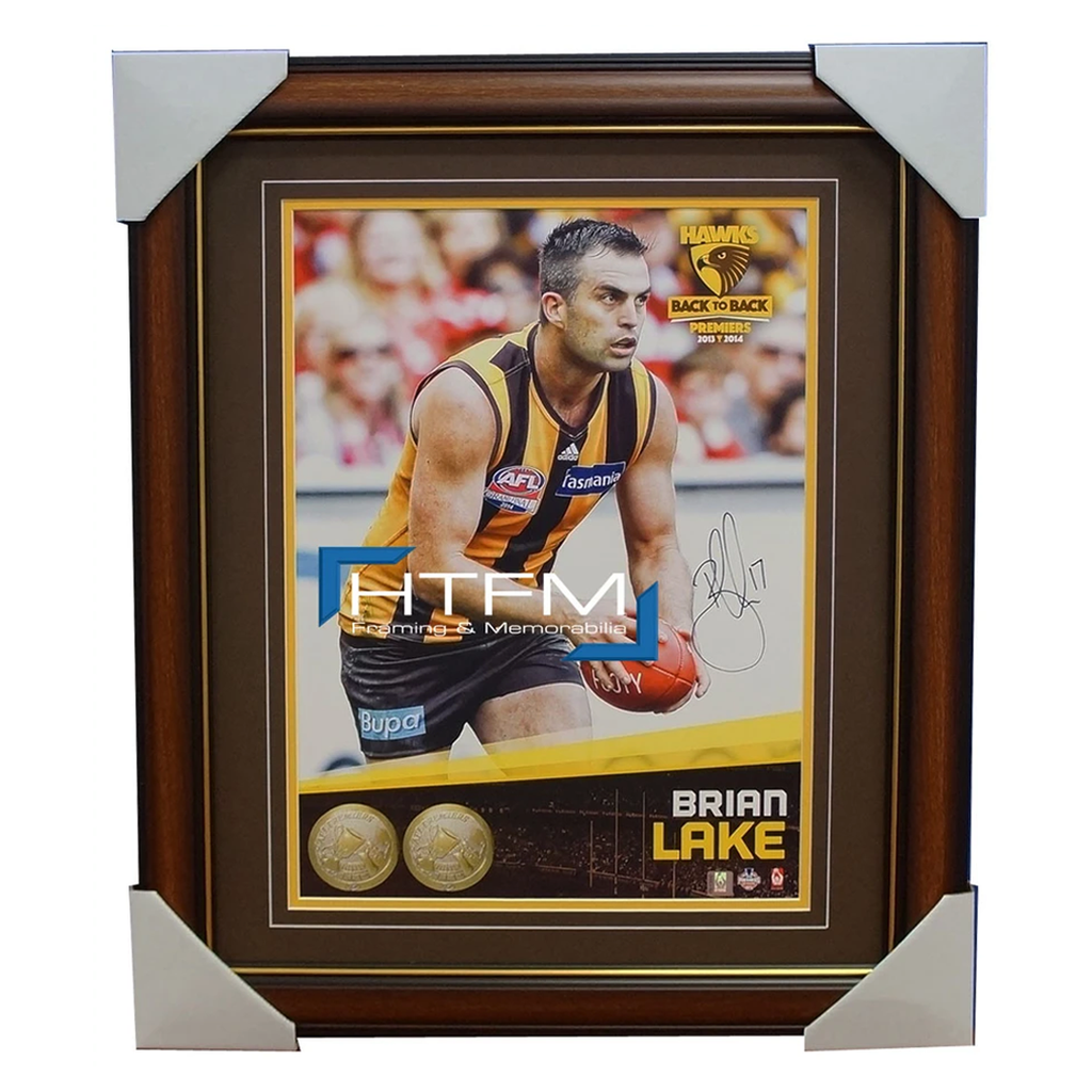 Brian Lake Signed 2014 Premiers Afl Official Hawthorn Photo Framed Norm Smith - 1983