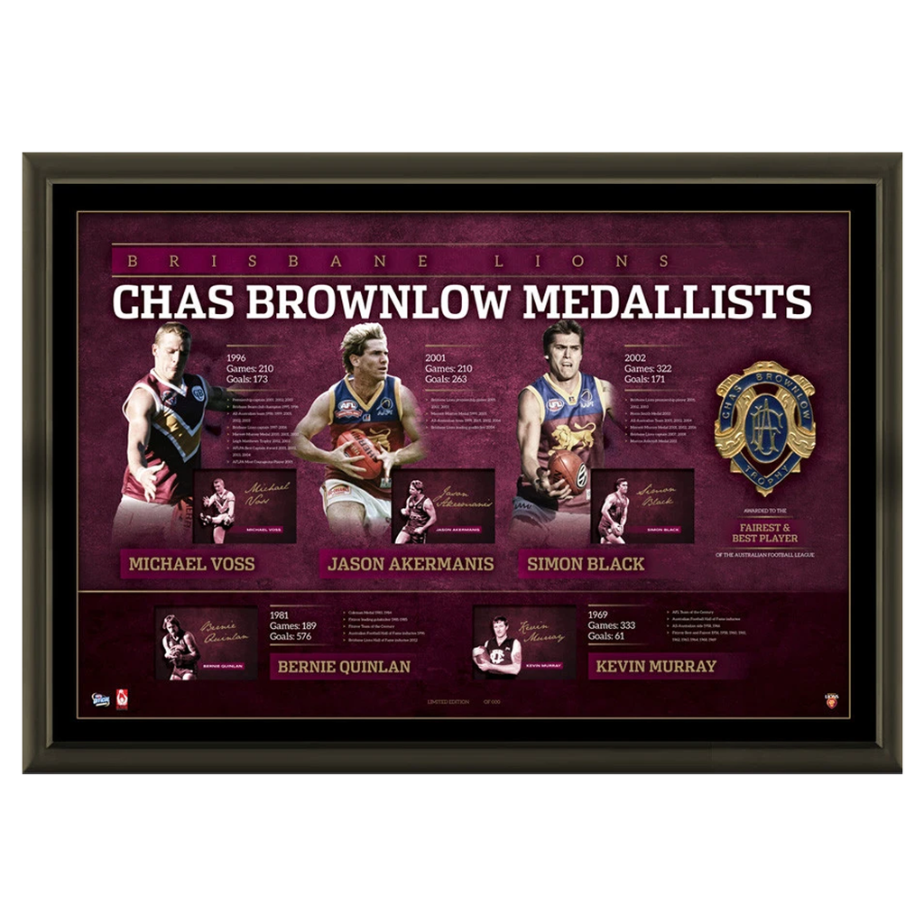Brisbane Lions Signed Brownlow Litho Official Afl Frame Voss Black Akermanis - 2067