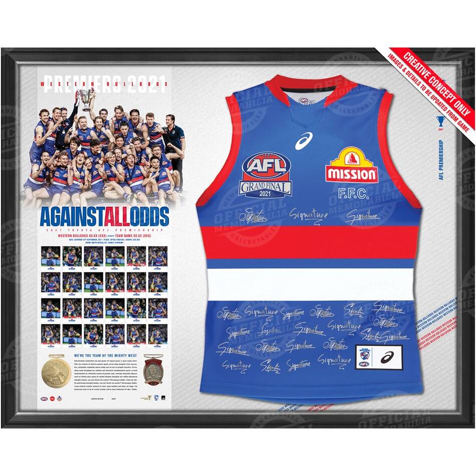 PRE-ORDER WESTERN BULLDOGS 2021 PREMIERS OFFICIAL TEAM SIGNED GUERNSEY FRAMED - 4870