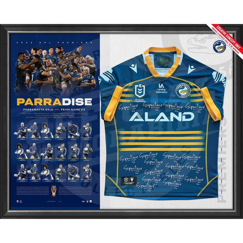 PRE-ORDER PARRAMATTA EELS 2022 PREMIERS TEAM SIGNED JERSEY FRAMED - 5297