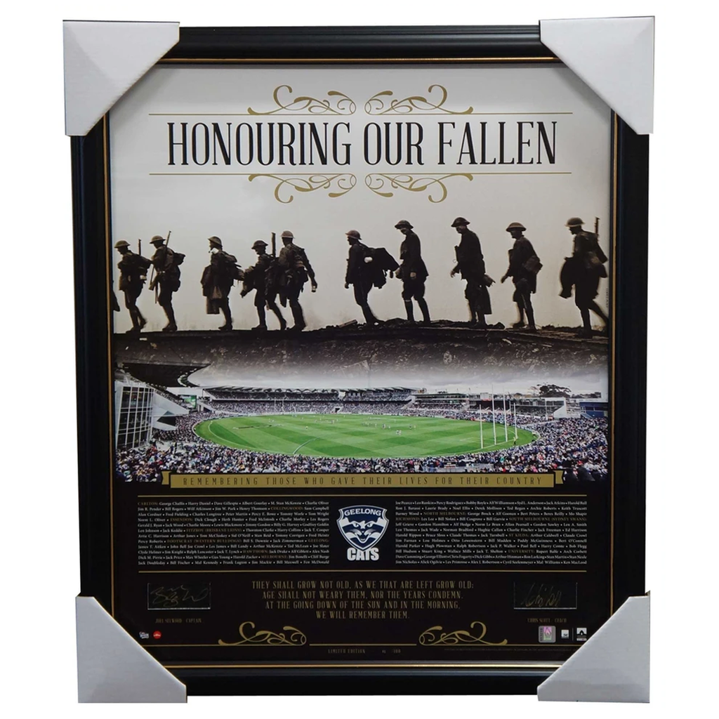 Geelong Honouring Our Fallen Anzac Signed Afl Print Framed Joel Selwood & Scott - 1077