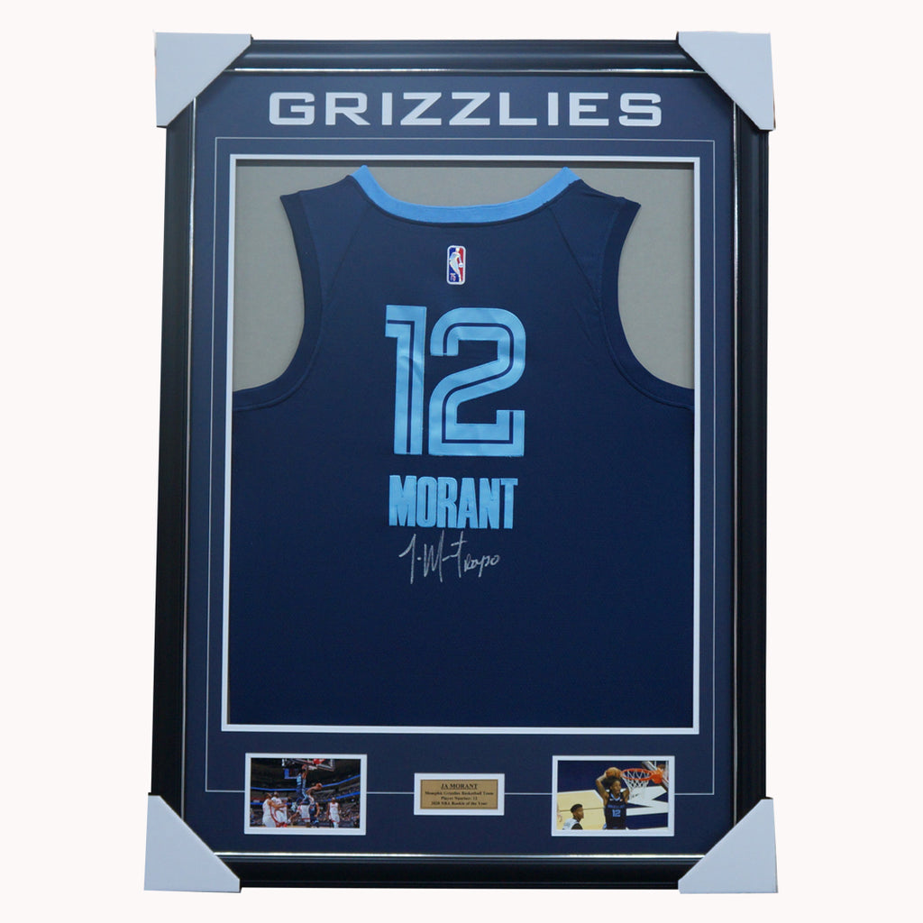 JA MORANT AUTOGRAPHED MEMPHIS GRIZZLIES NAVY BLUE NIKE SWINGMAN JERSEY FRAMED - 4922