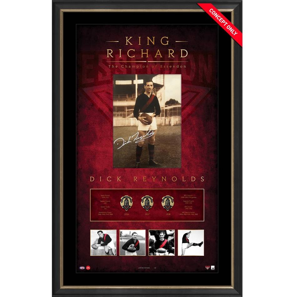 Dick Reynolds Signed Official AFL Essendon Lithograph Framed "King Richard" - 5197