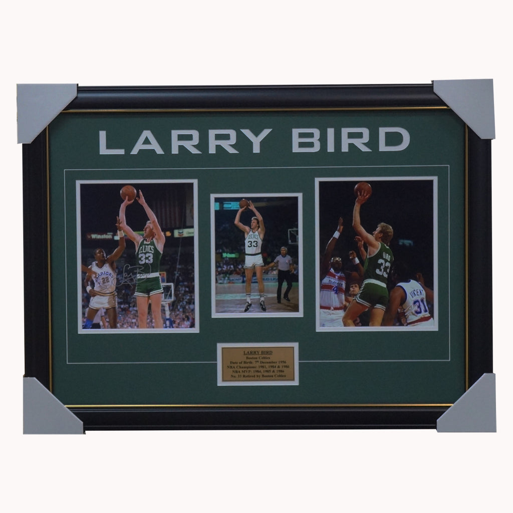 Larry Bird Signed Boston Celtics Photo Collage Framed 3 X Nba Champions + Coa - 2986
