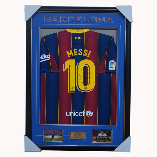 Lionel Messi Signed Barcelona Jersey Framed With Photos COA
