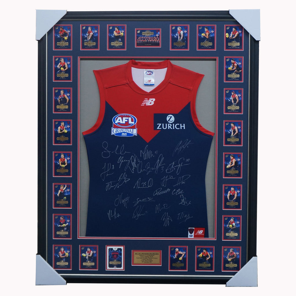 Melbourne Team Signed 2021 Official AFL Jumper Framed with Premiership Cards - 4987