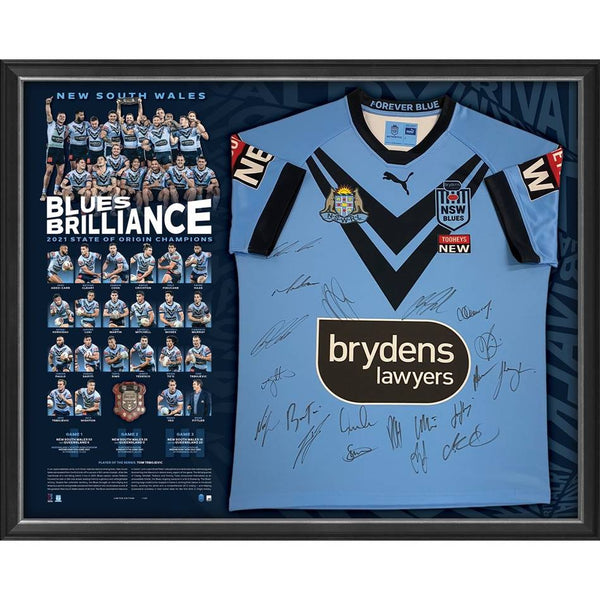 NSW Blues 2021 State of Origin Signed Official Champions Jersey Framed HT Framing Memorabilia