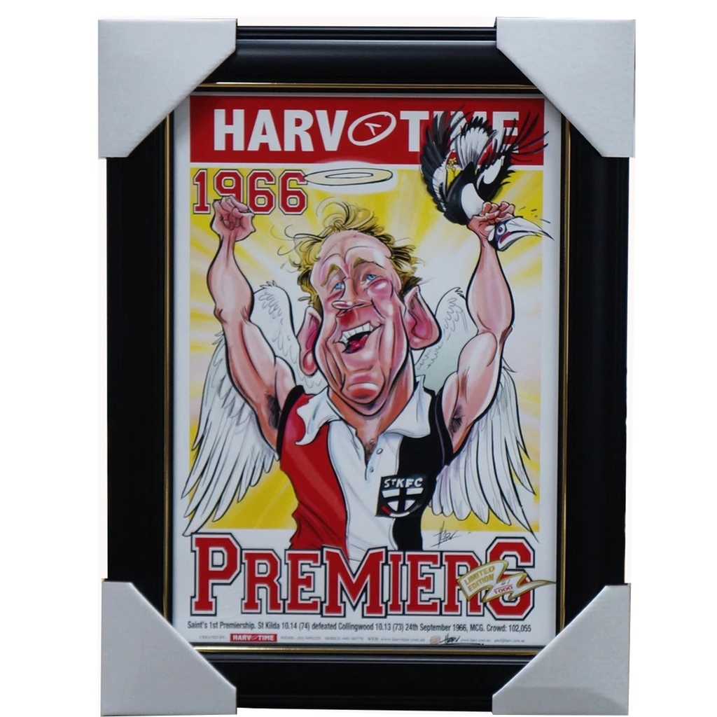 St Kilda 1966 Vfl Premiers Caricature Harv Time Print Framed Darrell Baldock - 3475