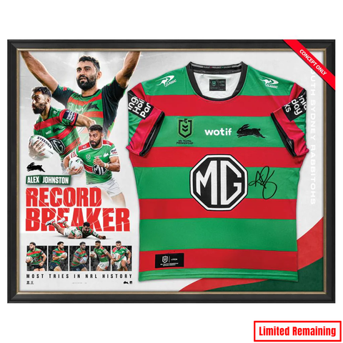 Alex Johnston 213 Tries Record Breaker Signed South Sydney Rabbitohs Official NRL Jersey Framed - 7423