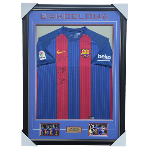 Barcelona Signed Trio Jersey Messi, Neymar Jnr., Suarez Signed Jersey Framed Icons Authenticated - 7503