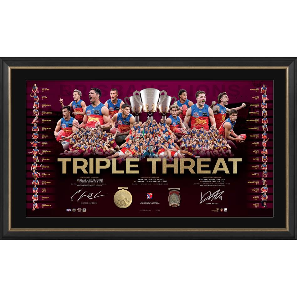 Brisbane Lions 2026 Premiers Dual Signed Official AFL Lithograph Framed Charlie Cameron & Logan Morris - 7635