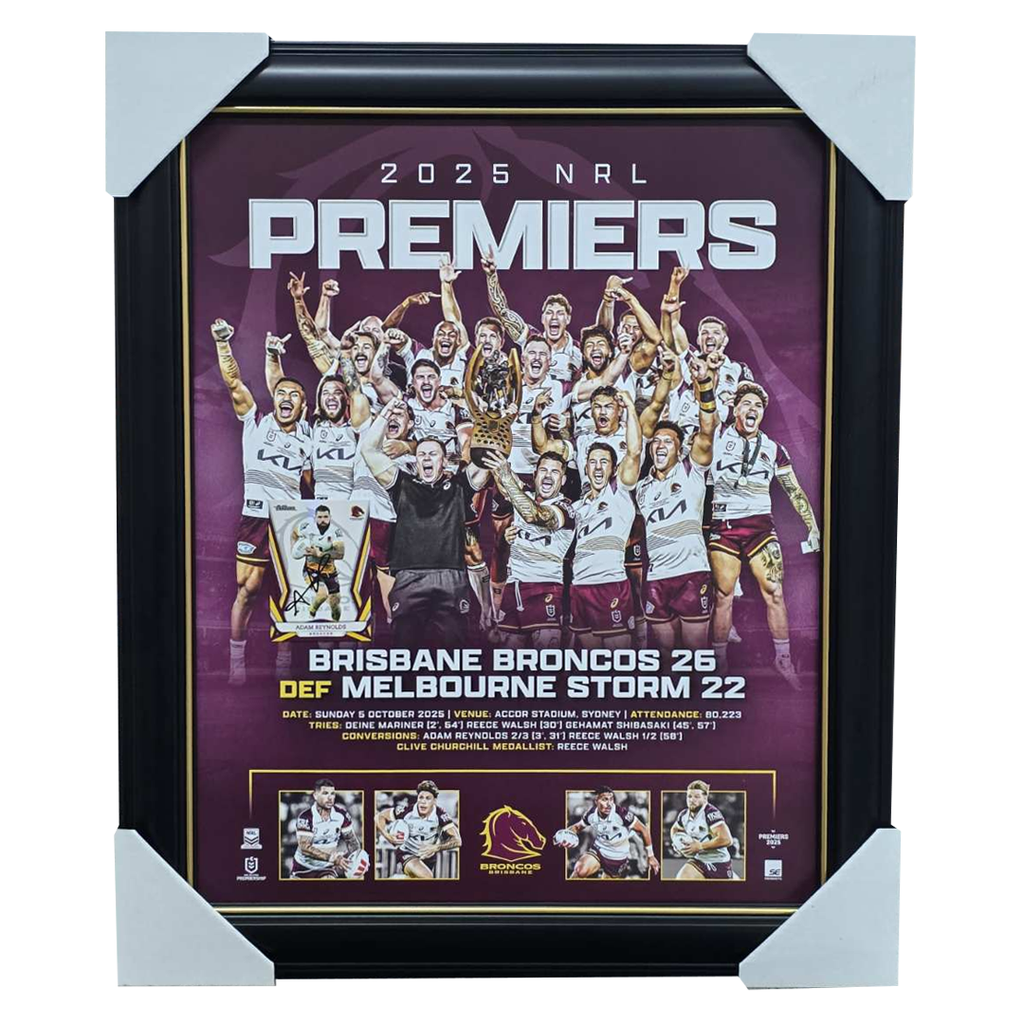 Brisbane Broncos 2025 NRL Premiers Official Sportsprint Framed + Signed Card Adam Reynolds - 7328