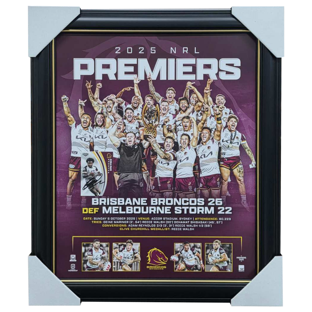 Brisbane Broncos 2025 NRL Premiers Official Sportsprint Framed + Signed Card Ezra Mam - 7351