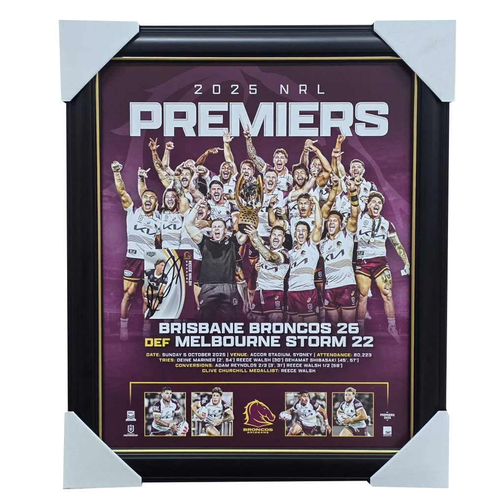 Brisbane Broncos 2025 NRL Premiers Official Sportsprint Framed + Signed Card Reece Walsh - 7329