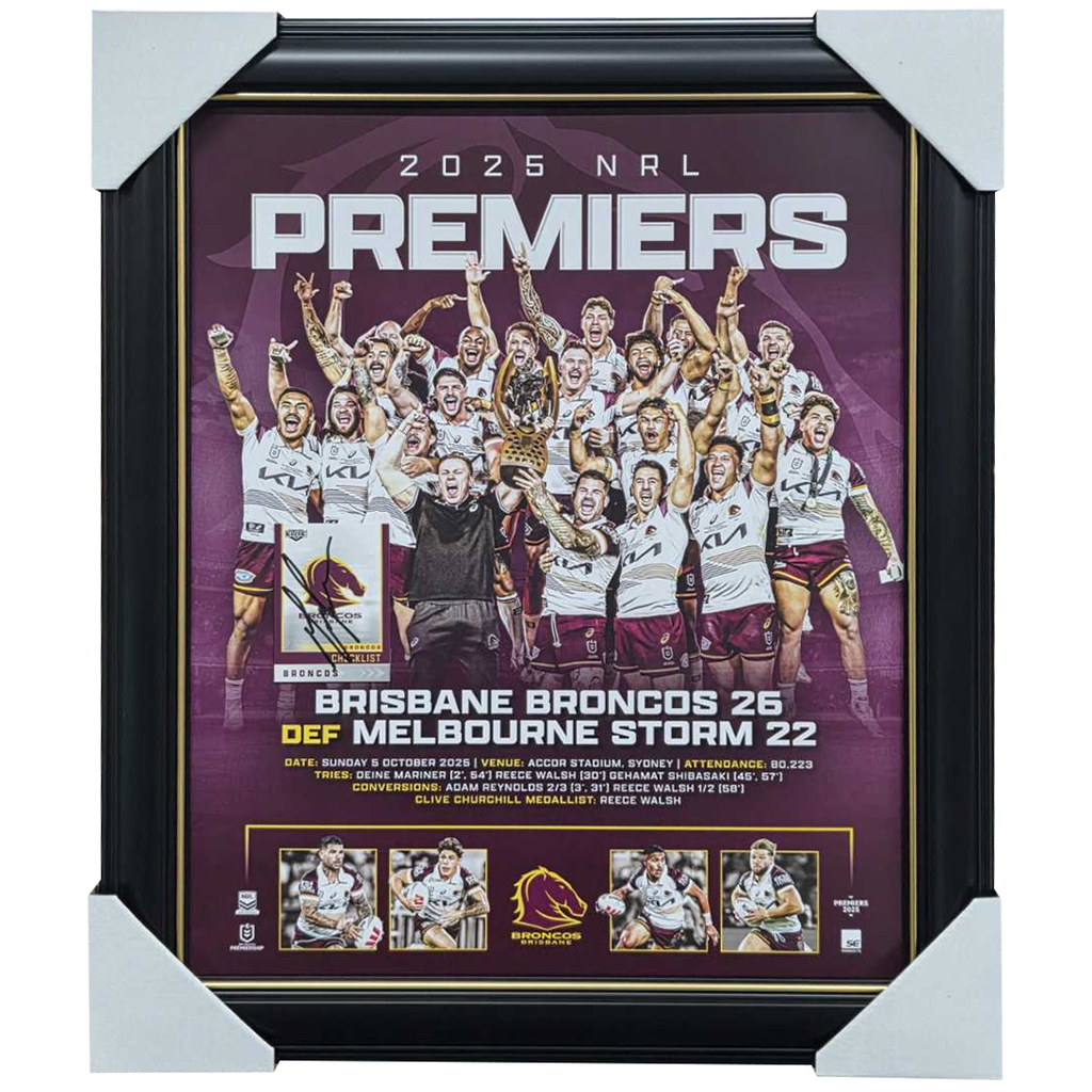 Brisbane Broncos 2025 NRL Premiers Official Sportsprint Framed + Signed by Coach Michael Maguire - 7350