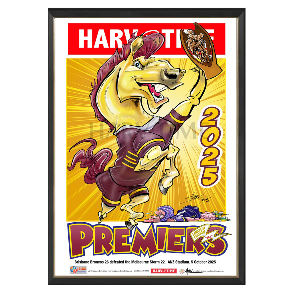 Brisbane Broncos 2025 NRL Premiership, Harv Time Print Framed - 7299