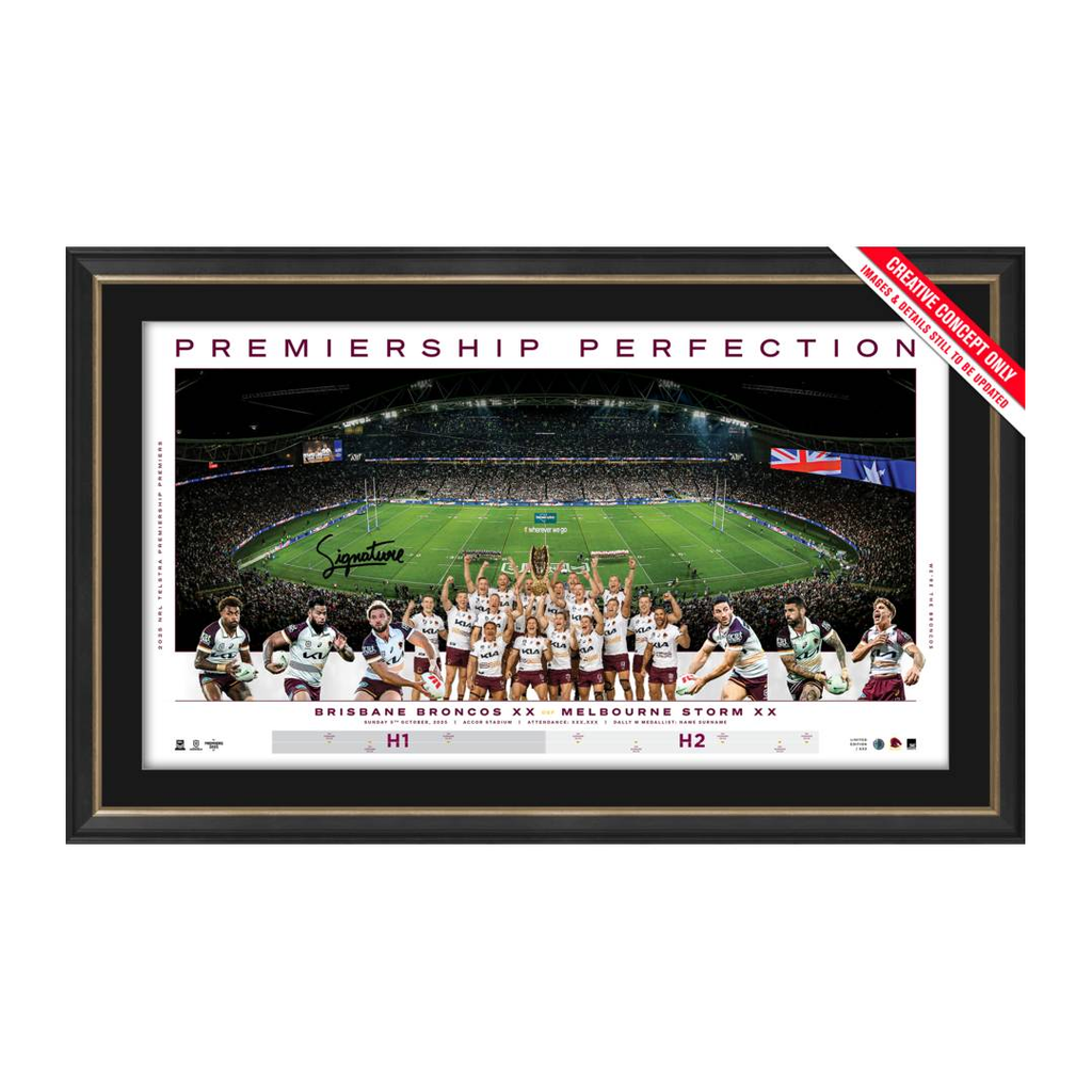Brisbane Broncos 2025 NRL Signed Official Premiership Panoramic Framed - 7293