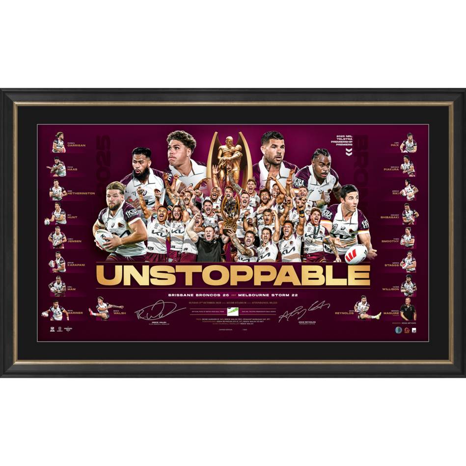 Brisbane Broncos 2025 NRL Premiership Dual Signed Reece Walsh & Adam Reynolds Official Lithograph Framed - 7292