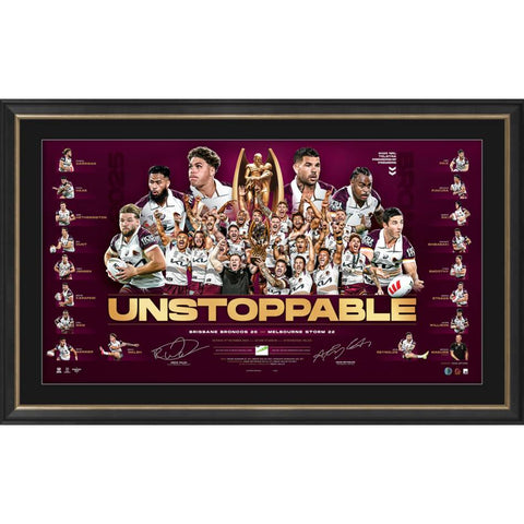 Brisbane Broncos 2025 NRL Premiership Dual Signed Reece Walsh & Adam Reynolds Official Lithograph Framed - 7292
