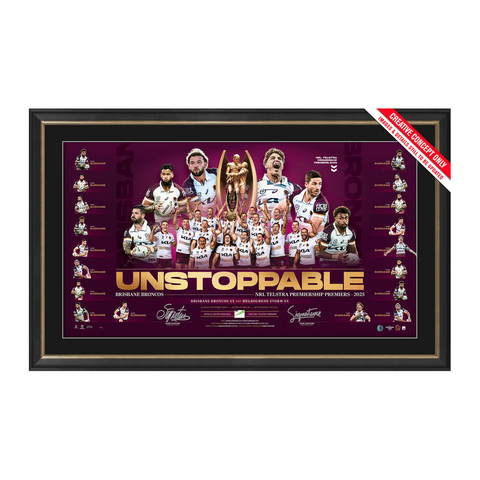 Brisbane Broncos 2025 NRL Premiership Dual Signed Official Lithograph Framed - 7292