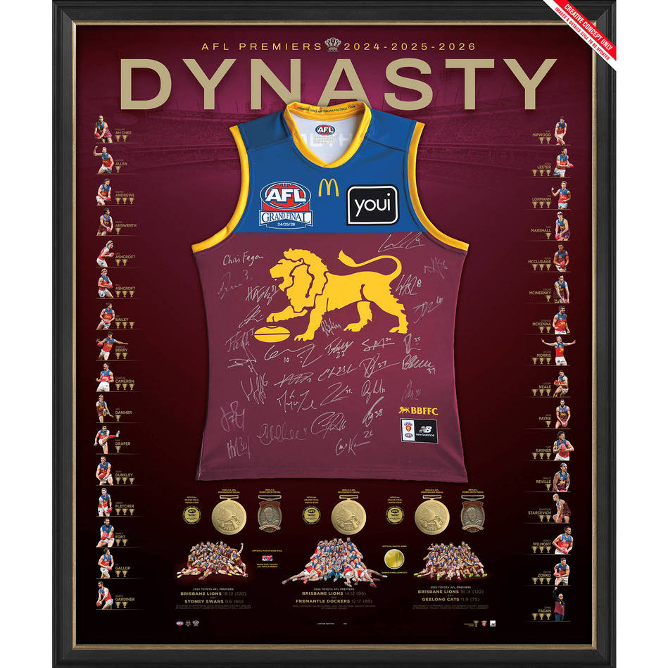 Brisbane Lions Three-Peat Deluxe Signed Official AFL Guernsey Framed - 7647