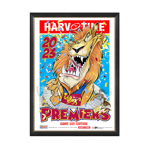 Brisbane Lions 2023 AFL Premiership Poster, Game Day, Harv Time Print Framed - 5615