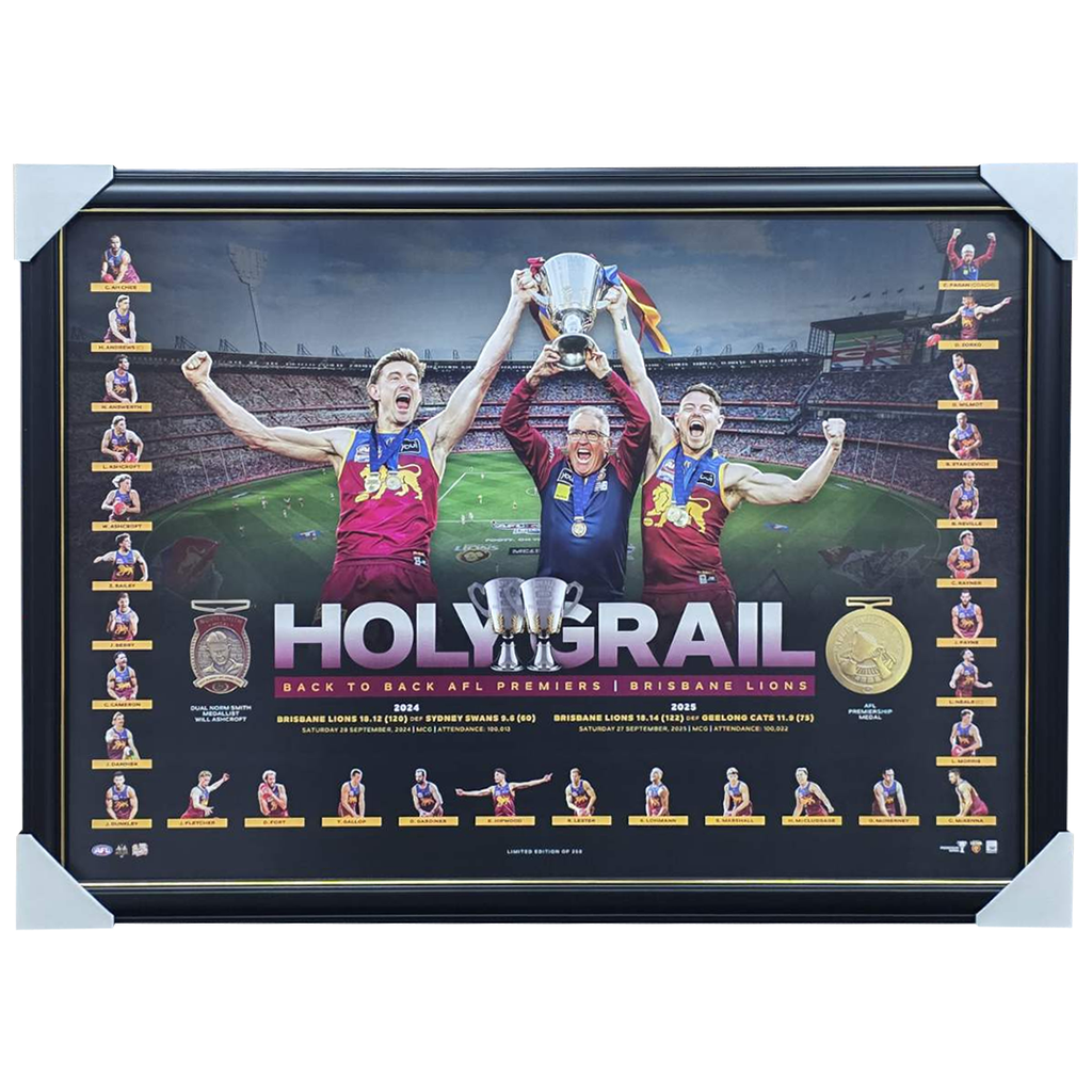 Brisbane Lions 2025 AFL Premiers Official Holy Grail Deluxe Lithograph Framed - 7344