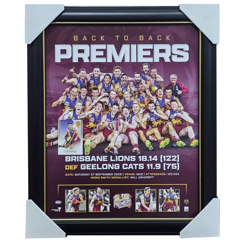 Brisbane Lions 2025 AFL Premiers Official Sportsprint Framed + Signed Card Cam Rayner - 7320