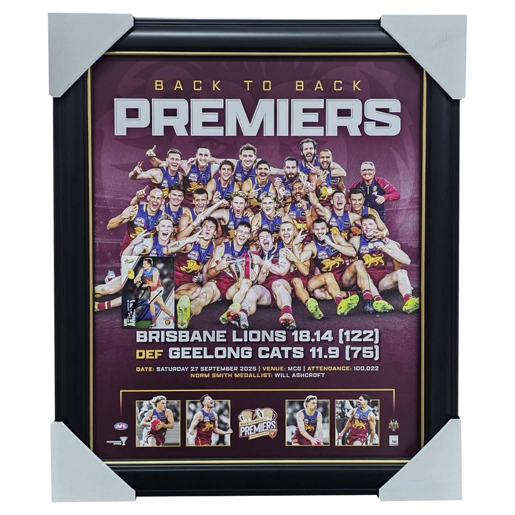 Brisbane Lions 2025 AFL Premiers Official Sportsprint Framed + Signed Card Harris Andrews - 7325