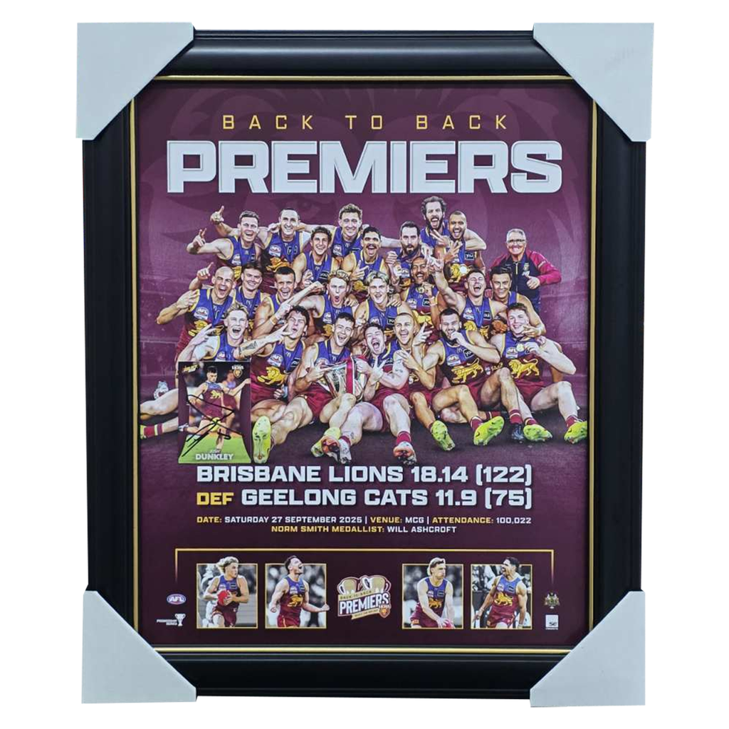 Brisbane Lions 2025 AFL Premiers Official Sportsprint Framed + Signed Card Josh Dunkley - 7326