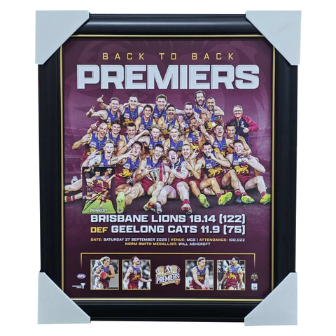 Brisbane Lions 2025 AFL Premiers Official Sportsprint Framed + Signed Card Josh Dunkley - 7326