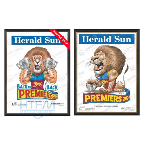 Brisbane Lions 2025 & 2024 Premiers Herald Sun Mark Knights Print Framed - 7279