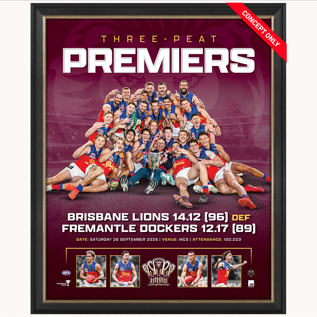 Brisbane Lions 2026 AFL Premiers Three-Peat Official Sportsprint Framed - 7657