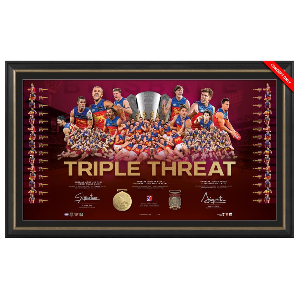 Brisbane Lions 2026 Premiers Dual Signed Official AFL Lithograph Framed Charlie Cameron & Logan Morris - 7635