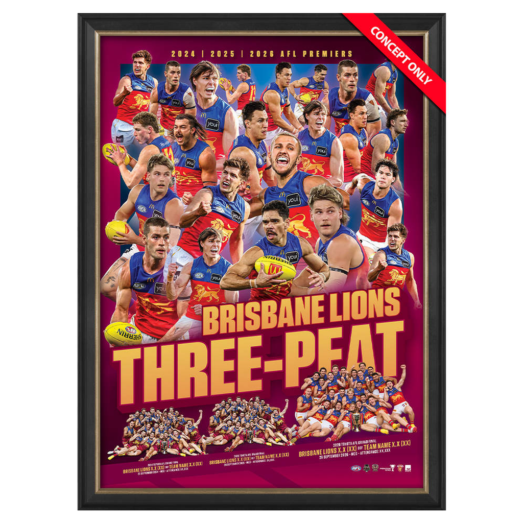 Brisbane Lions 2026 Premiers Official AFL 3-PEAT Sportsprint Framed - 7638