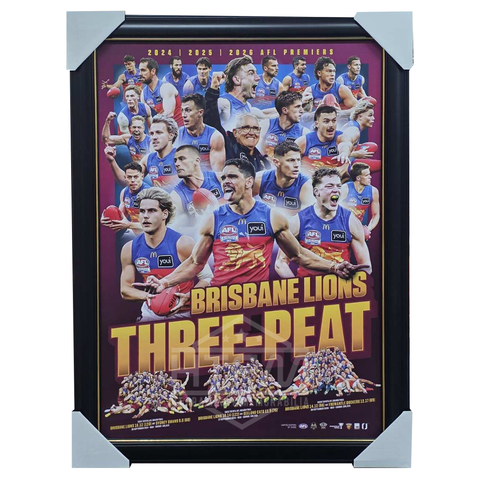 Brisbane Lions 2026 Premiers Official AFL 3-PEAT Sportsprint Framed - 7638