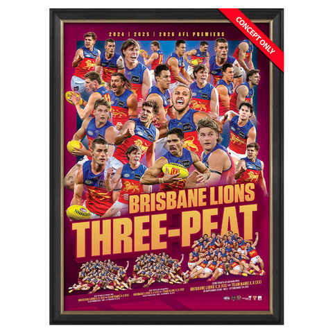 Brisbane Lions 2026 Premiers Official AFL 3-PEAT Sportsprint Framed - 7638