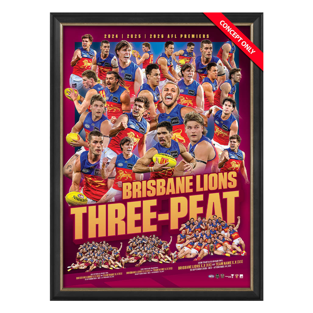 Brisbane Lions 2026 Premiers Official AFL 3-PEAT Sportsprint Framed - 7638