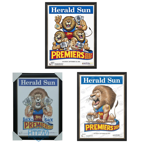 Brisbane Lions 2026, 2025 & 2024 Premiers Herald Sun Mark Knights Print Framed - 7642