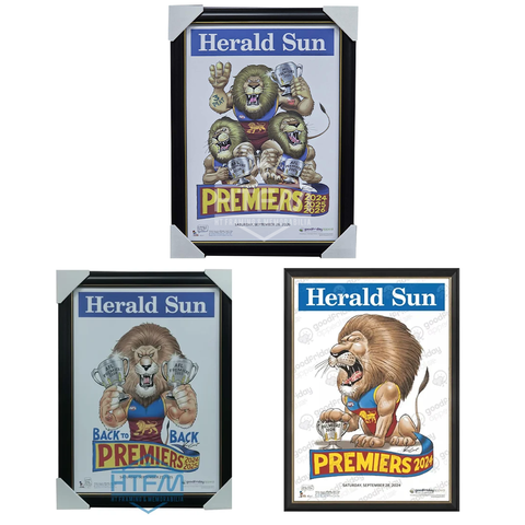 Brisbane Lions 2026, 2025 & 2024 Premiers Herald Sun Mark Knights Print Framed - 7642